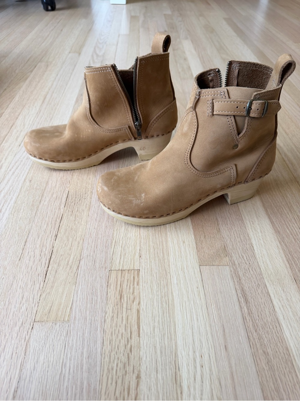 No. 6 Tan Nubuck Ankle Clog Booties with Buckle Strap